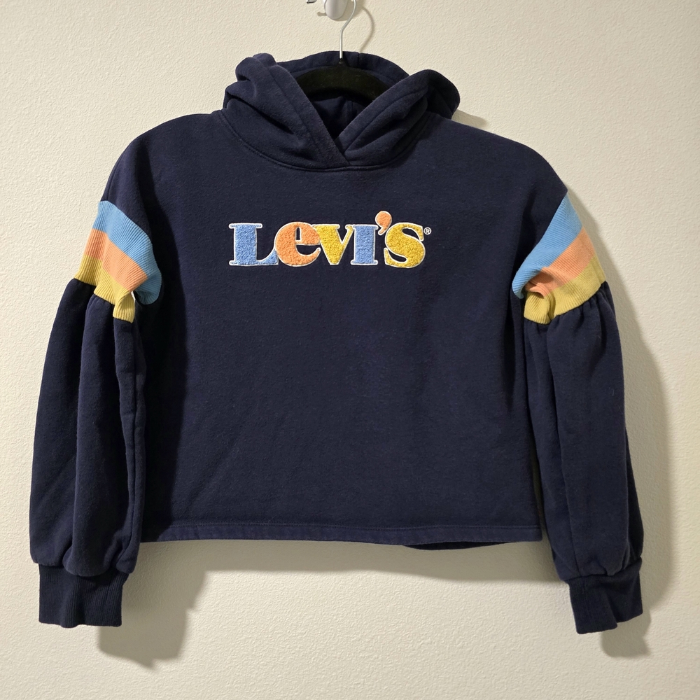 Levis Girls High Rise Fleece Hoodie Arm Stripes Blue Yellow Size‎ Medium 10/12